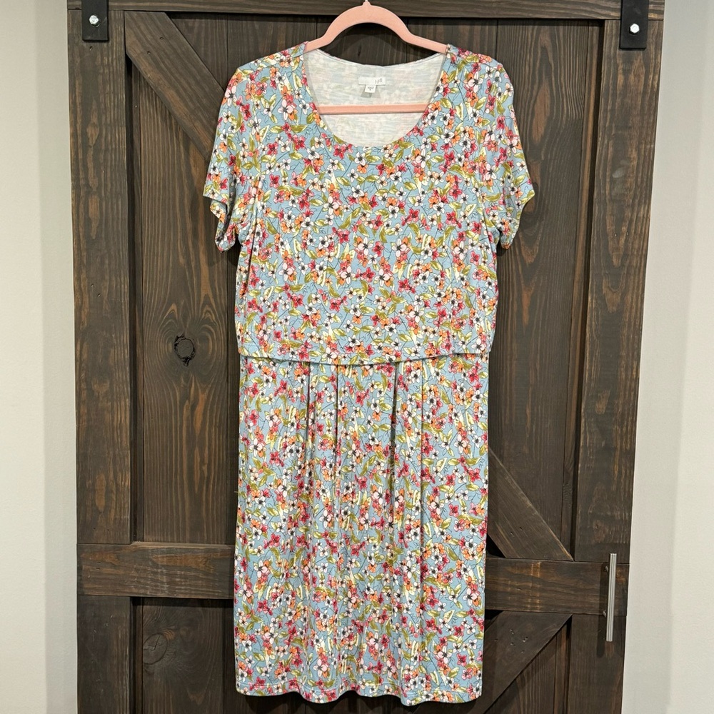 J. Jill Women’s Floral‎ Short Sleeve Overlay Top Button Back Dress Blue Size Med